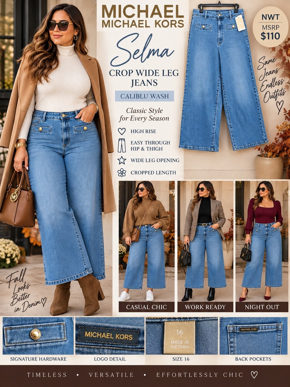 NWT Michael Kors Selma Crop Wide Leg Jeans Caliblu Wash Size 16 $110